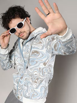 Mens Icy Blue & Olive Green Contrast Fluid Zip Front Hoodie